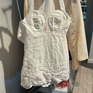 Cult Gaia Kailani broderie anglaise-trimmed linen halterneck mini dress